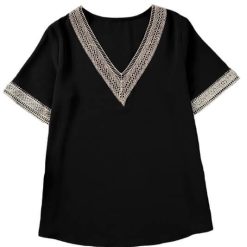 Elegant Contrast Lace V-Neck Blouse| Blouse for Older Women