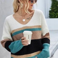 Julia Striped Slouch V-Neck Sweater Tops