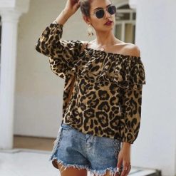 Leopard Off-Shoulder Long Sleeve Ruffle Top