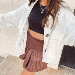 Faux Leather Smocked Skirt – Brown